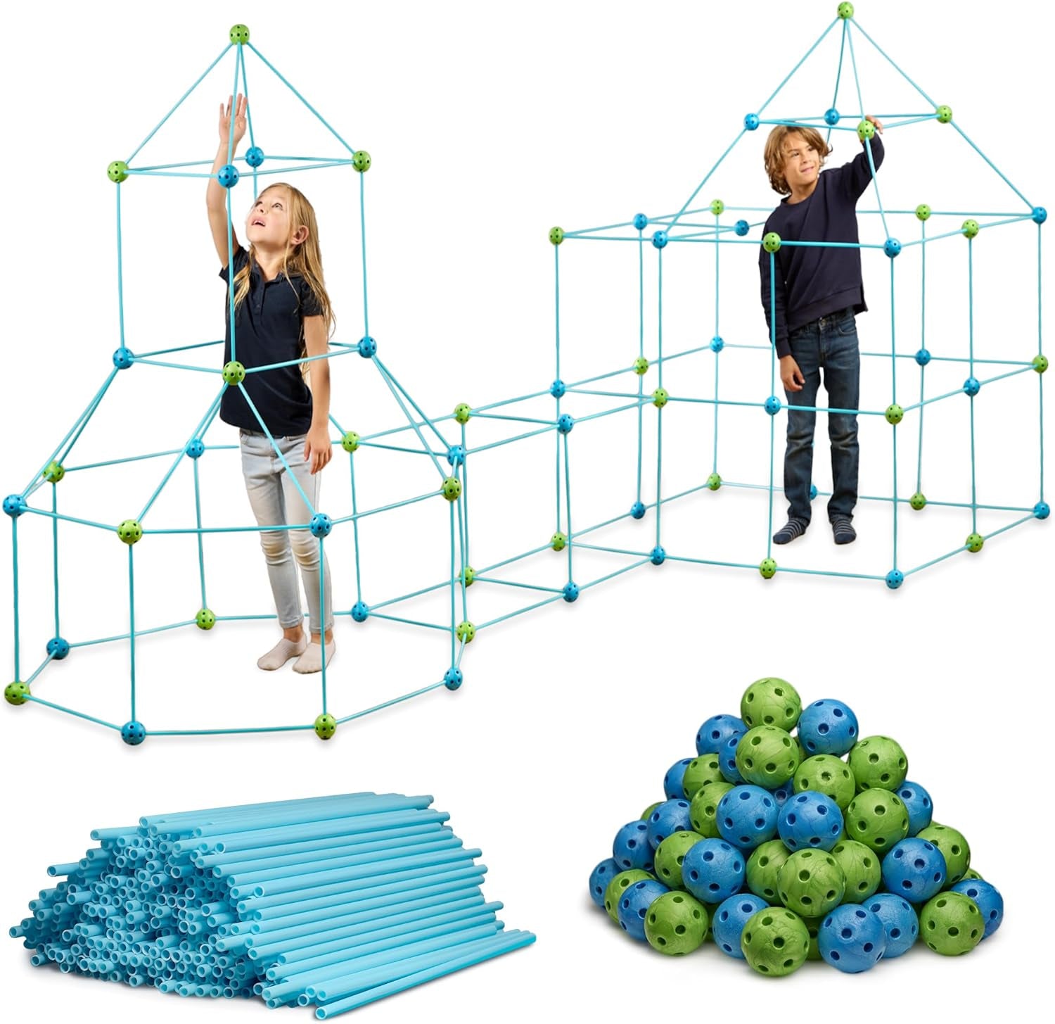 132 Piece Fort Building Kit - Indoor Play Engineering Set with Connecting Sticks & Balls - Creative STEM Building Toys for Kids Play Spaces, Tents & Hideouts