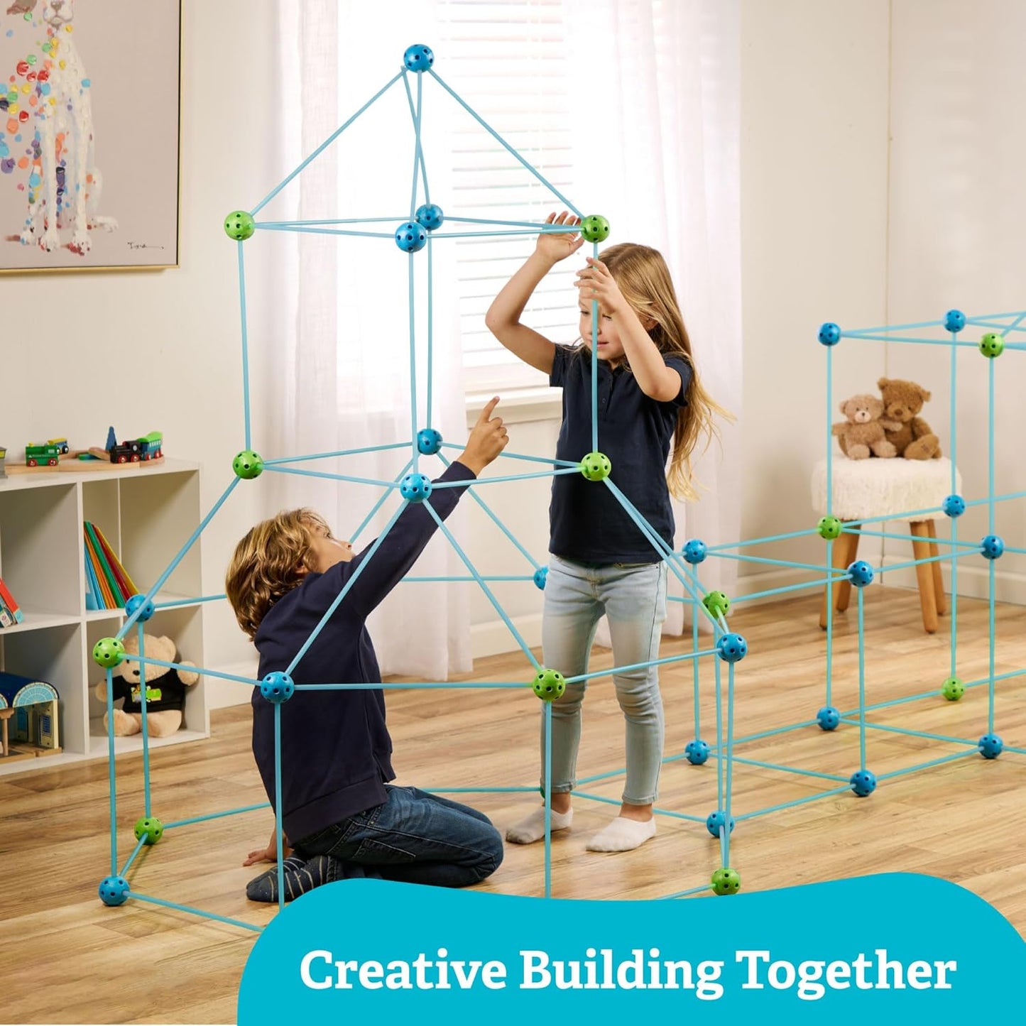 132 Piece Fort Building Kit - Indoor Play Engineering Set with Connecting Sticks & Balls - Creative STEM Building Toys for Kids Play Spaces, Tents & Hideouts